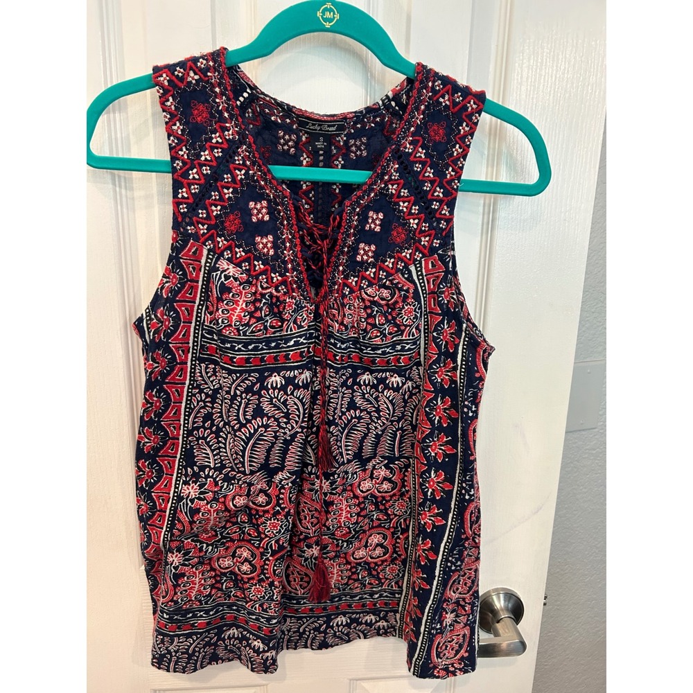 Lucky Brand Tank Top Navy Blue Red Paisley Embroidered Lace Up Boho Sleeveless